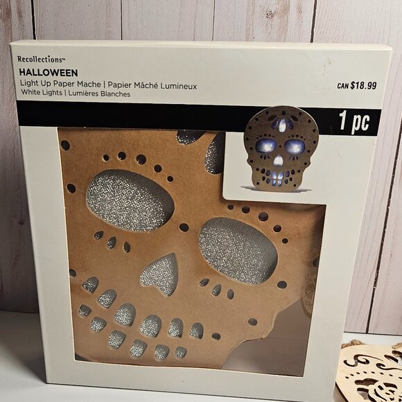 Light up wood Skull, Paper Mache skull and 3 hanging wooden Sugar Skulls DIY - Picture 2 of 6